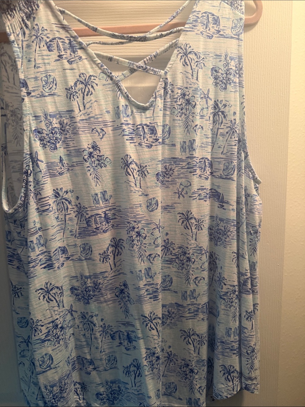 Women’s Light Blue Tropical Print Tank Top with Crisscross Back - Picture 4 of 4